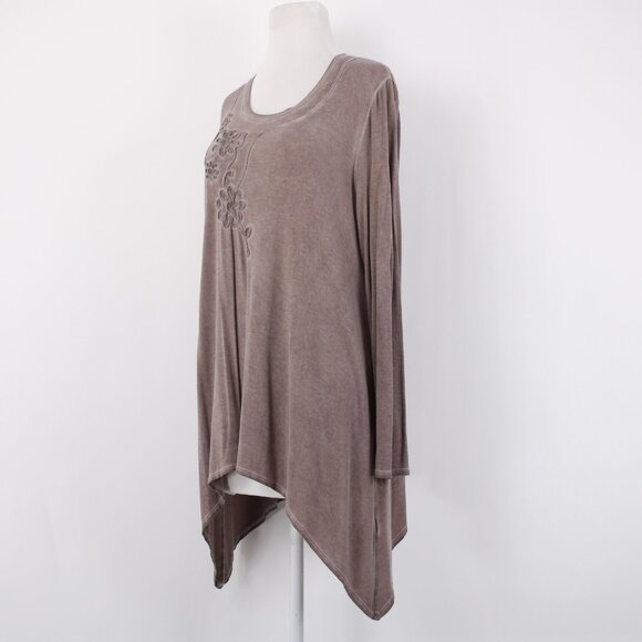 Charlie Paige Top Sz S/M Brown Floral Asymmetrical Tunic Rayon Spandex Top - Picture 4 of 13